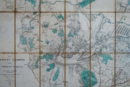 Aldershot, UK - 5th September 2020: Original vintage map drawing of the temporary Aldershot barracks built in 1855のeditorial素材