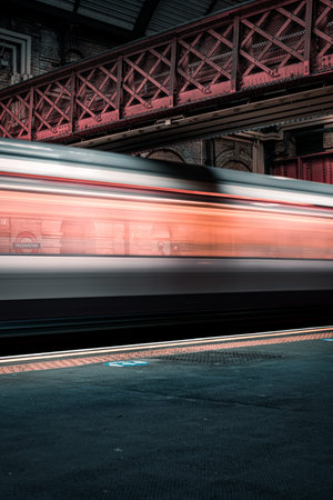 Cinematic long exposure shots of the underground train network in London at an outdoor station with...