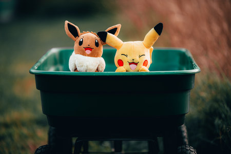Chester, UK - 17th July 2021: Pokemon Eevee and Pikachu close up shot outside on holidayのeditorial素材