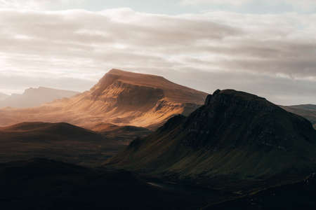 Aerial drone shot of Quiraing - Isle of Skye, Scotland. Sunrise, Fall 2021の写真素材
