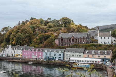 Portree, Scotland - October 2021: View of the capital town on Isle of Skye in Autumn with the famous coloured buildingsのeditorial素材