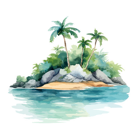 Tropical island Watercolor Clipart Vectorのイラスト素材