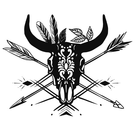Bull skull with feathers. Vector illustrationのイラスト素材
