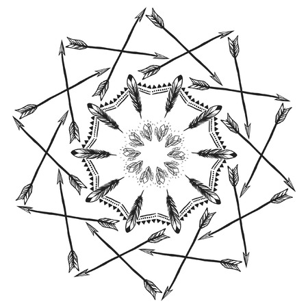 Arrows, feathers and crystals. Three round frames on white background. Vector hand drawn illustrationのイラスト素材