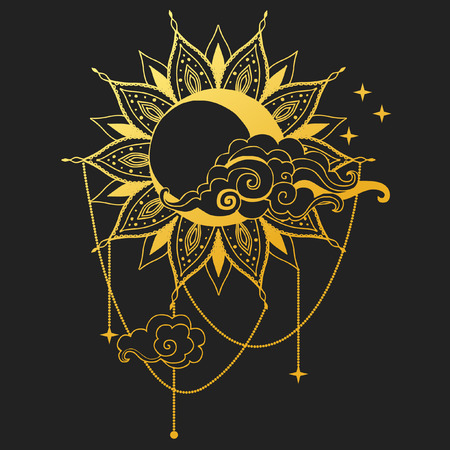 Moon and Sun on black background. Vector illustrationのイラスト素材