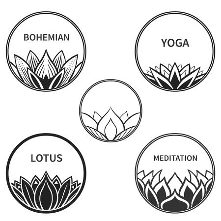 Set of five round badges with lotus. Vector hand drawn illustrationのイラスト素材