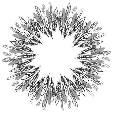 Round wreath with place for your text. Bird feathers on white background. Vector hand drawn illustrationのイラスト素材