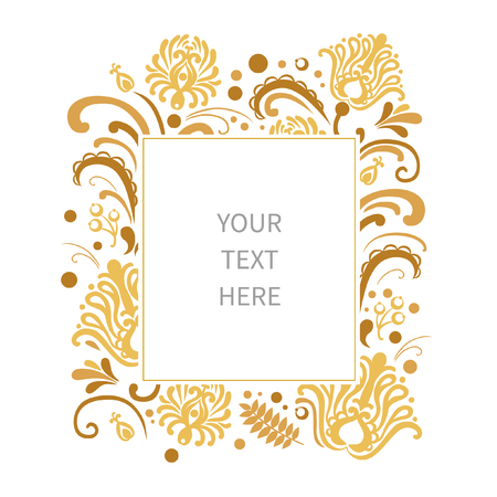 Floral frame with place for your text. Golden flowers on white background. Vector template in traditional slavic folkloric styleのイラスト素材