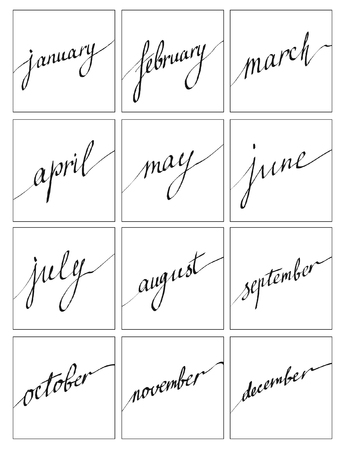 Handwritten names of months: December, January, February, March, April, May, June, July, August, September, October, November. Lettering for calendar, vector setのイラスト素材