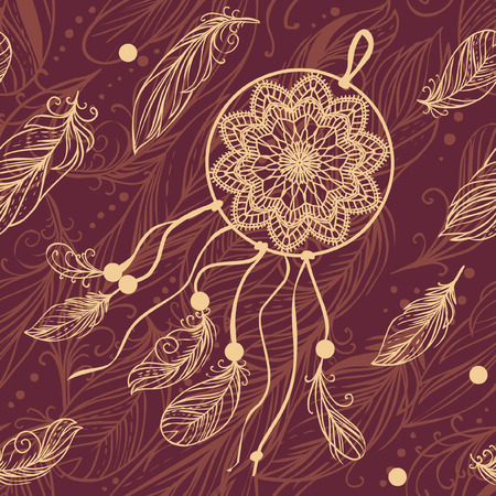 Dream catcher on dark background. Vector hand drawn seamless patternのイラスト素材