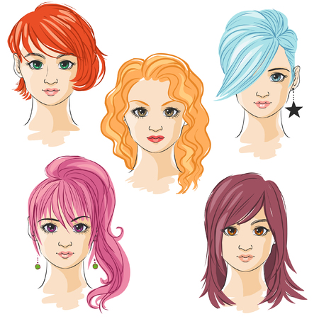 Young pretty girls hand drawn in anime style. Vector illustrationのイラスト素材