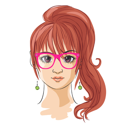 Young pretty girl hand drawn in anime style. Vector illustrationのイラスト素材