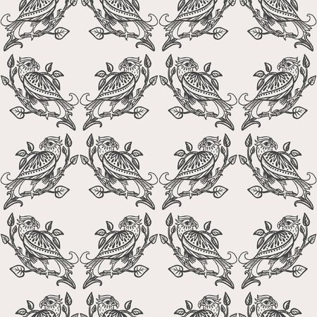 Bird of prey sitting on a branch. Vector seamless pattern in folkloric styleのイラスト素材