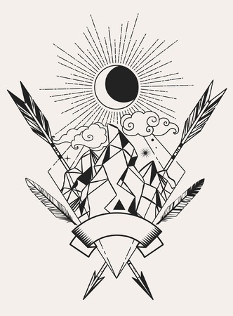 Magic crystal with mountain, moon and clouds. Vector hand drawn illustration in vintage boho styleのイラスト素材