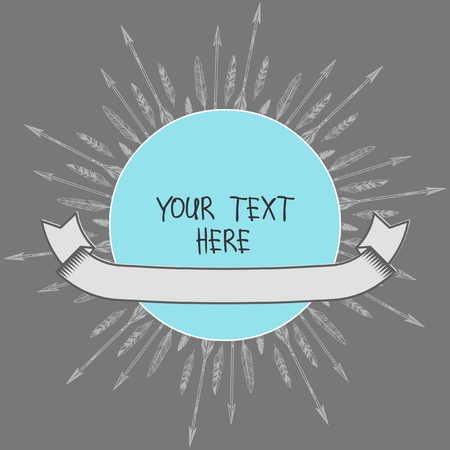 Vector template for cover design with place for your text. Round frame with decorative ribbon, arrows and feathers.のイラスト素材