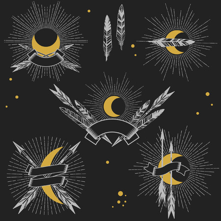Set of elements for your logo design in boho style. Arrows, feathers, ribbons on black background with place for your text. Hand drawn vector illustrationのイラスト素材
