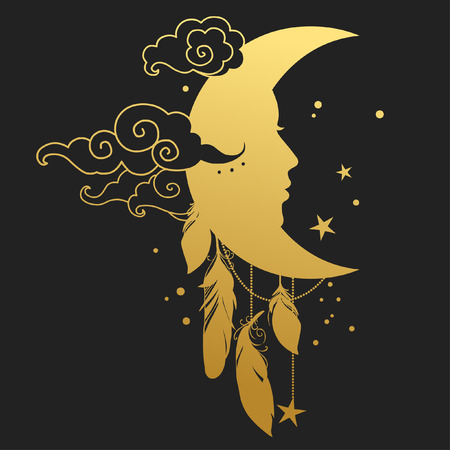 Crescent moon with human face on black background. Vector illustrationのイラスト素材