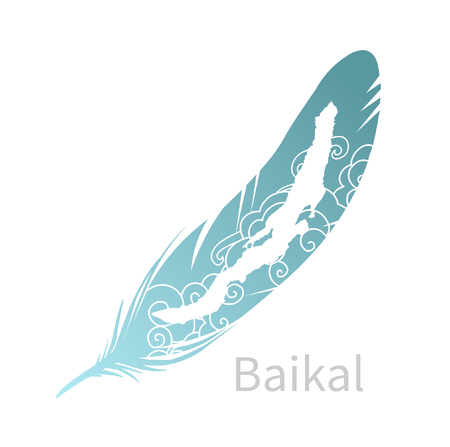 Cutout silhouette of lake Baikal on bird feather. Decorative graphic design element. Vector hand drawing illustrationのイラスト素材