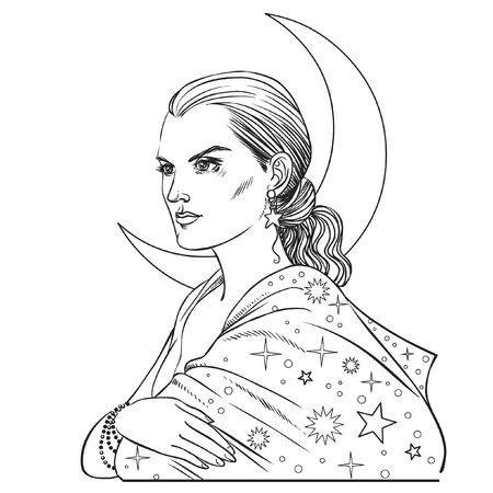 Vector hand drawn illustration in vintage style. Goddess of the nightのイラスト素材