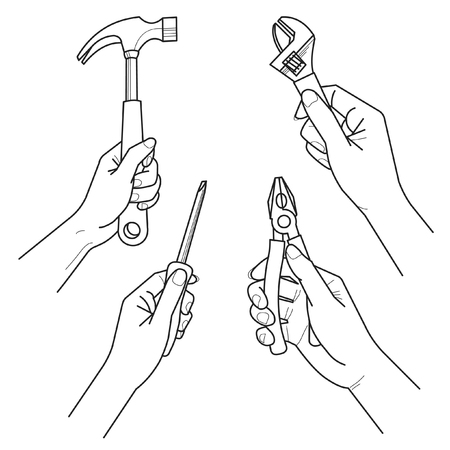 Woman hands with tools. Vector hand drawing illustrationのイラスト素材