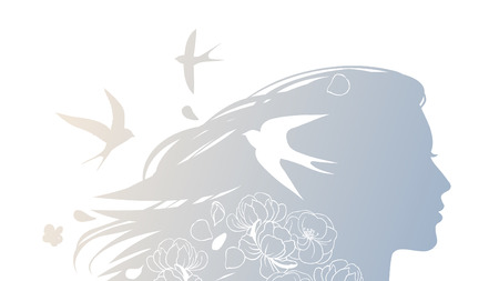 Silhouette of a beautiful young woman with flowing hair, swallows and flowers. Vector hand drawing illustrationのイラスト素材
