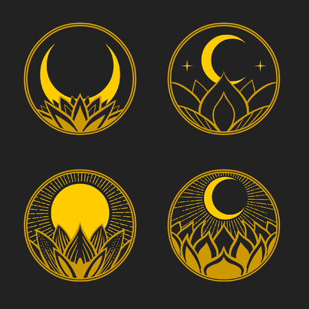 Set of round badges with lotus, moon and sun. Vector hand drawing illustrationのイラスト素材