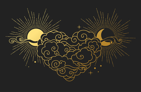 Sun And Moon In The Cloudy Sky Decorative Graphic Design Element Vector Illustration In Oriental Styleのイラスト素材 イメージマート