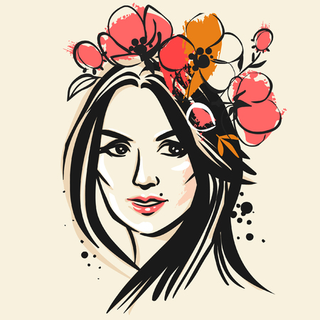 Pretty woman in red poppy wreath.のイラスト素材