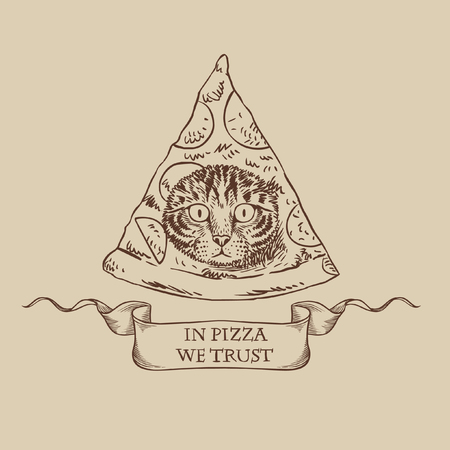 Funny masonic symbol with pizza and cat. Vector template for t-shirt print, sticker, greeting card and other designsのイラスト素材