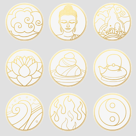 Collection of decorative graphic design elements in oriental style. Zen, meditation, buddhism, tea ceremony. Vector hand drawing illustrationのイラスト素材