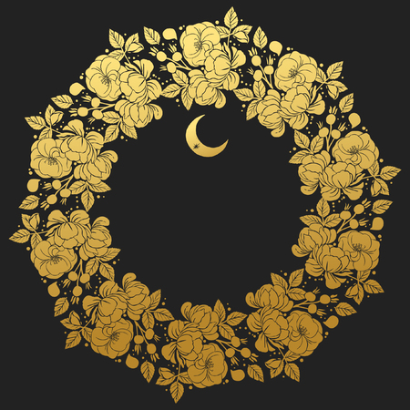 Round floral wreath. Vector hand drawing illustrationのイラスト素材