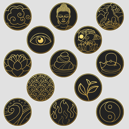 Collection of decorative graphic design elements in oriental style. Zen, meditation, buddhism, tea ceremony. Vector hand drawing illustrationのイラスト素材
