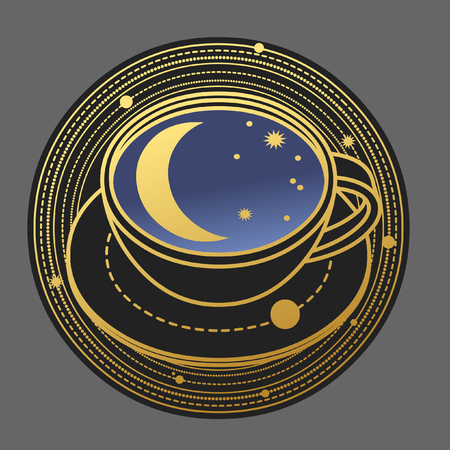 Night sky reflecting in a cup of coffee. Vector illustrationのイラスト素材