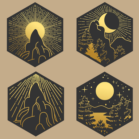 Collection of decorative graphic design elements in boho style. Sun, Moon, sky, forest, mountains. Vector hand drawing illustrationのイラスト素材