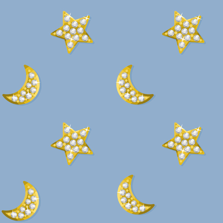 Golden jewels on blue background. Vector seamless patternのイラスト素材