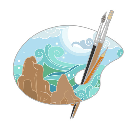 Sea landscape on artists palette. Vector illustrationのイラスト素材