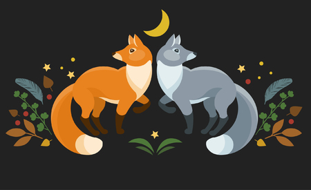 Couple of cute foxes. Vector illustrationのイラスト素材