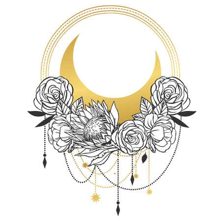 Floral composition with Moon and pendants. Tattoo sketch. Vector hand drawing illustrationのイラスト素材