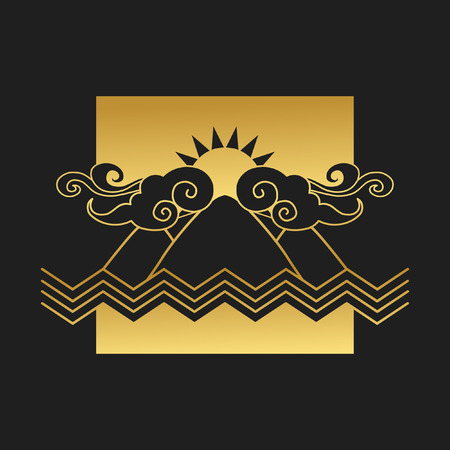 Vector logo template. Abstract landscape with mountains, water and Sunのイラスト素材