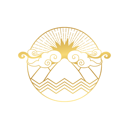 Vector logo template. Abstract landscape with mountains, water and Sunのイラスト素材