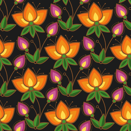 Vector seamless pattern with orange and purple flowersのイラスト素材