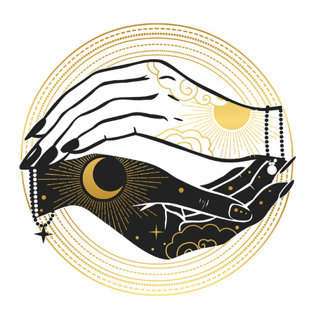 Women's hands with moon and sun. Hand drawn vector illustration for t-shirt, temporary tattoo, stickers and other designsのイラスト素材