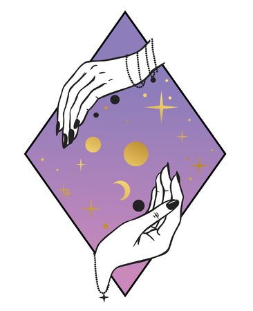 Female hands playing with planets and stars. Vector illustrationのイラスト素材