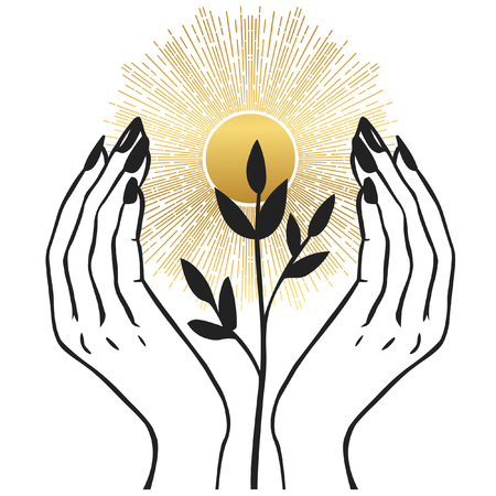 Women's hands holding Sun. Hand drawn vector illustration for temporary t-shirt, temporary tattoo, stickers and otherのイラスト素材