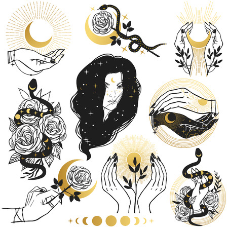 Collection of templates in boho style. Snakes, flowers, hands, golden decorative elements. Vector hand drawn illustrationのイラスト素材
