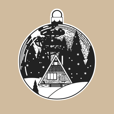 Christmas decoration. Tiny house inside of glass ball. Black and white vector illustrationのイラスト素材