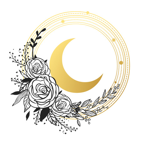 Floral composition with moon and roses. Tattoo sketch. Vector hand drawn illustrationのイラスト素材