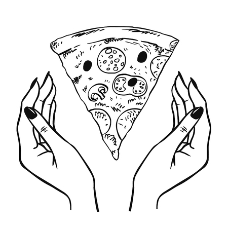 Female hands catching the slice of pizza.のイラスト素材
