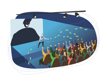 Destructive sect leader performing on stage. Vector hand drawn illustrationのイラスト素材