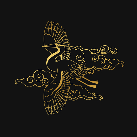 Crane in the sky. Vector hand drawn illustration inspired by traditional asian artのイラスト素材